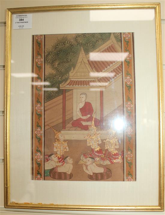 Two Thai paintings on cloth, 19th century, 29 x 21cm and 28 x 20cm, mounted, framed and glazed